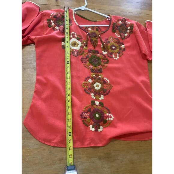 Coral Mexican Handmade Embroidered Blouse Sz M Long Sleeve Open Neck With Ties - Picture 7 of 9